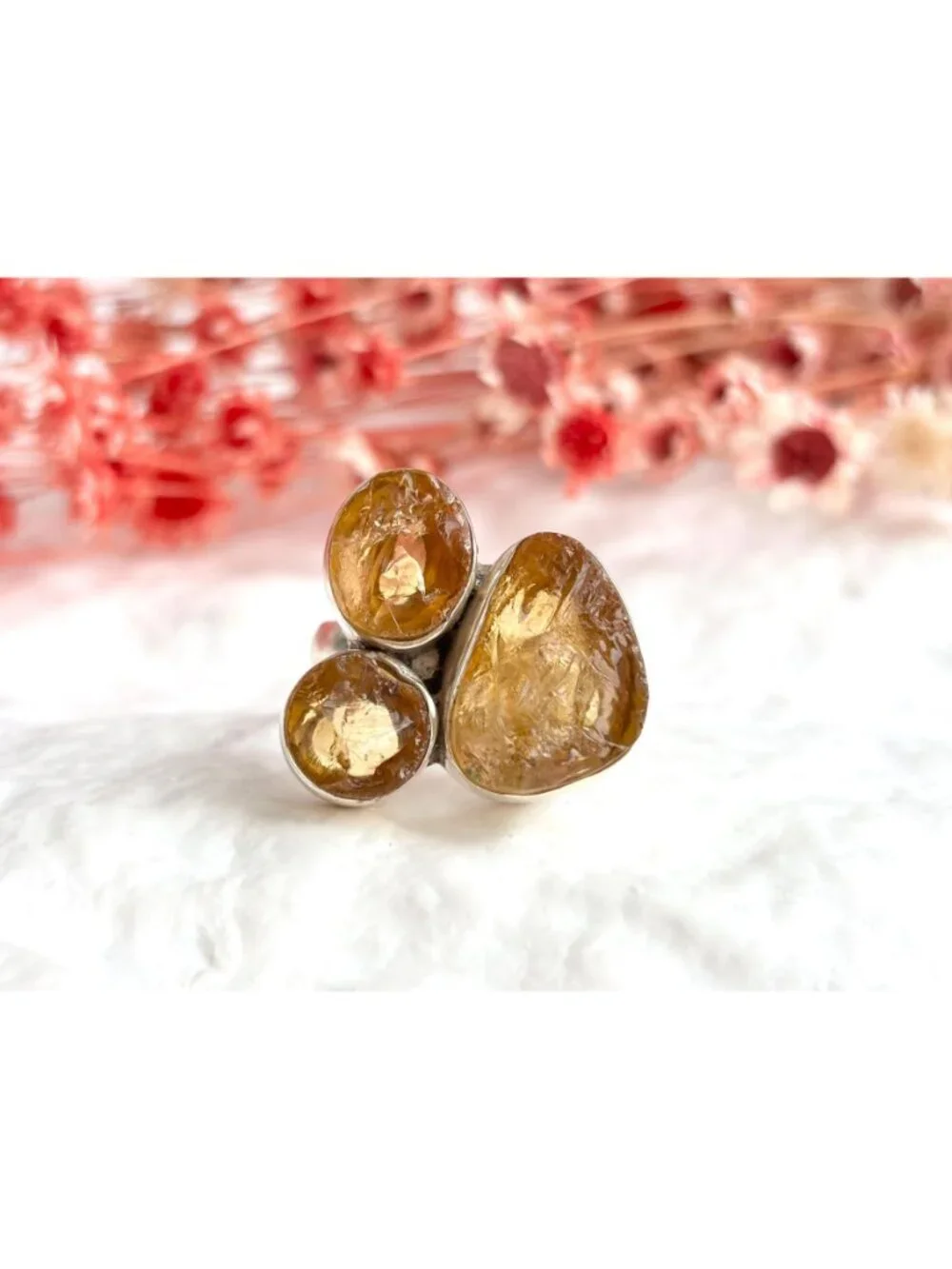 Rough Cut Citrine Semi Precious Sterling Silver 925 Vintage Ring - sz 7.75